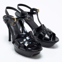 Pre Owned Saint Laurent Black Patent Leather Tribute Platform Sandals Size 36.5