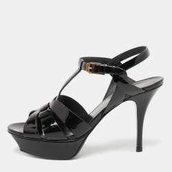 Saint Laurent Black Patent Leather Tribute  Platform Sandals Size 37.5