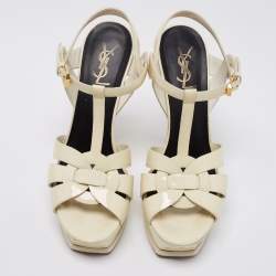 مملوكة مسبقًا Saint Laurent Paris Off White Patent Leather Tribute Sandals Size 39