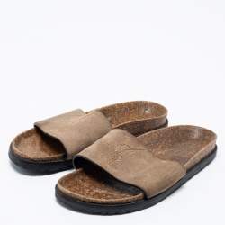 Pre Owned Saint Laurent Grey Suede Monogram Embroidered Joan Slide Sandals Size 35