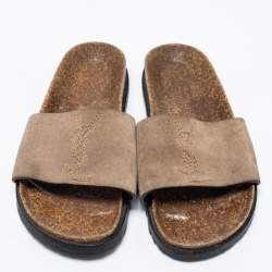 Pre Owned Saint Laurent Grey Suede Monogram Embroidered Joan Slide Sandals Size 35