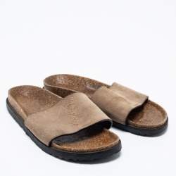 Pre Owned Saint Laurent Grey Suede Monogram Embroidered Joan Slide Sandals Size 35