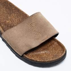 Pre Owned Saint Laurent Grey Suede Monogram Embroidered Joan Slide Sandals Size 35
