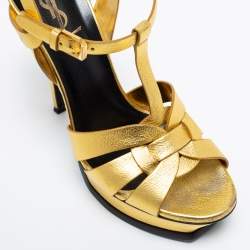 Saint Laurent Metallic Gold Leather Tribute Platform Sandals Size 39