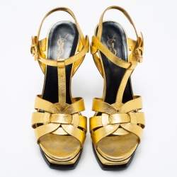 Saint Laurent Metallic Gold Leather Tribute Platform Sandals Size 39