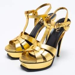 Saint Laurent Metallic Gold Leather Tribute Platform Sandals Size 39