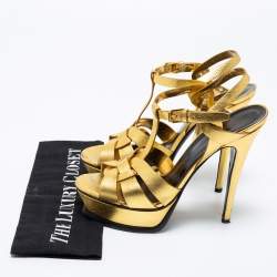 Saint Laurent Metallic Gold Leather Tribute Platform Sandals Size 39