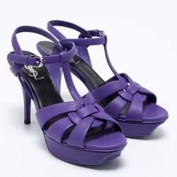Pre Owned Saint Laurent Purple Leather Tribute Platform Sandals Size 39