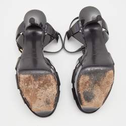 Pre Owned Saint Laurent Dark Grey Patent Leather Tribute Platform Ankle Strap Sandals Size 36.5