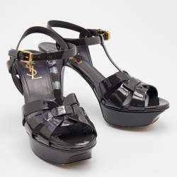 Pre Owned Saint Laurent Dark Grey Patent Leather Tribute Platform Ankle Strap Sandals Size 36.5