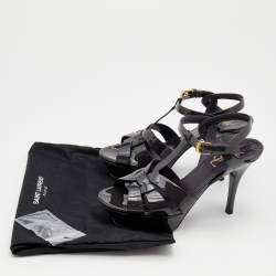 Pre Owned Saint Laurent Dark Grey Patent Leather Tribute Platform Ankle Strap Sandals Size 36.5