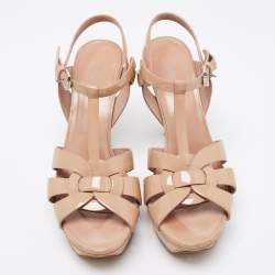 Pre Owned Saint Laurent Beige Patent Leather Tribute Platform Ankle Strap Sandals Size 38.5