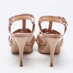 Pre Owned Saint Laurent Beige Patent Leather Tribute Platform Ankle Strap Sandals Size 38.5