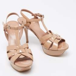 Pre Owned Saint Laurent Beige Patent Leather Tribute Platform Ankle Strap Sandals Size 38.5