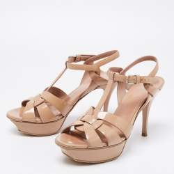 Pre Owned Saint Laurent Beige Patent Leather Tribute Platform Ankle Strap Sandals Size 38.5