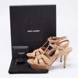 Pre Owned Saint Laurent Beige Patent Leather Tribute Platform Ankle Strap Sandals Size 38.5