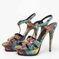 Saint Laurent Multicolor Python Embossed Leather Tribute Platform Sandals Size 39