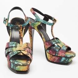 Saint Laurent Multicolor Python Embossed Leather Tribute Platform Sandals Size 39