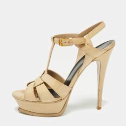 Pre Owned Saint Laurent Beige Patent Leather Tribute Platform Sandals Size 39