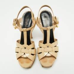 Pre Owned Saint Laurent Beige Patent Leather Tribute Platform Sandals Size 39