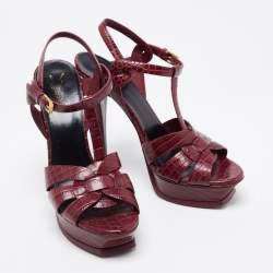 Pre Owned Saint Laurent Burgundy Croc Embossed Leather Tribute Platform Ankle Strap Sandals Size 41