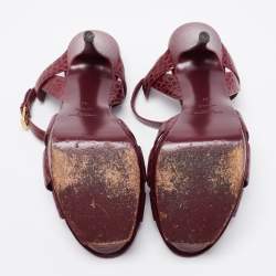 Pre Owned Saint Laurent Burgundy Croc Embossed Leather Tribute Platform Ankle Strap Sandals Size 41