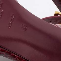 Pre Owned Saint Laurent Burgundy Croc Embossed Leather Tribute Platform Ankle Strap Sandals Size 41