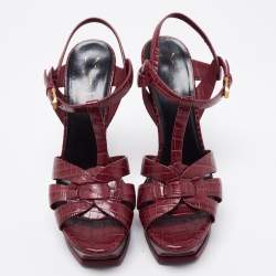 Pre Owned Saint Laurent Burgundy Croc Embossed Leather Tribute Platform Ankle Strap Sandals Size 41