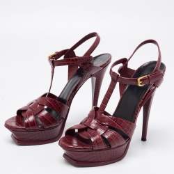 Pre Owned Saint Laurent Burgundy Croc Embossed Leather Tribute Platform Ankle Strap Sandals Size 41