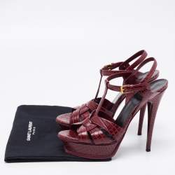 Pre Owned Saint Laurent Burgundy Croc Embossed Leather Tribute Platform Ankle Strap Sandals Size 41