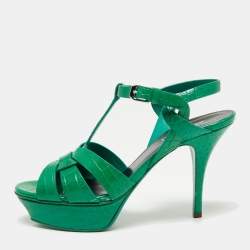 Pre Owned Saint Laurent Green Croc Embossed Leather Tribute Ankle Strap Platform Sandals Size 37