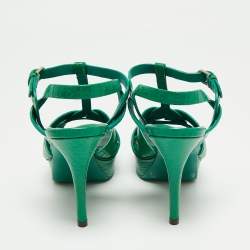 Pre Owned Saint Laurent Green Croc Embossed Leather Tribute Ankle Strap Platform Sandals Size 37