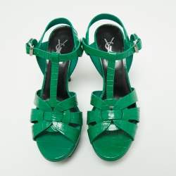 Pre Owned Saint Laurent Green Croc Embossed Leather Tribute Ankle Strap Platform Sandals Size 37