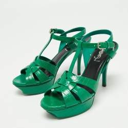 Pre Owned Saint Laurent Green Croc Embossed Leather Tribute Ankle Strap Platform Sandals Size 37