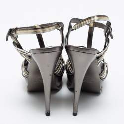 Pre Owned Saint Laurent Metallic Tricolor Leather Tribute Platform Ankle Strap Sandals Size 41