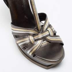 Pre Owned Saint Laurent Metallic Tricolor Leather Tribute Platform Ankle Strap Sandals Size 41
