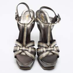 Pre Owned Saint Laurent Metallic Tricolor Leather Tribute Platform Ankle Strap Sandals Size 41