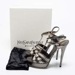Pre Owned Saint Laurent Metallic Tricolor Leather Tribute Platform Ankle Strap Sandals Size 41