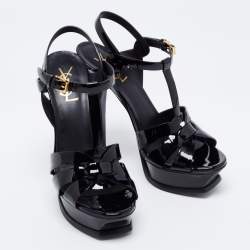 Pre Owned Saint Laurent Black Patent Leather Tribute Platform Sandals Size 38.5