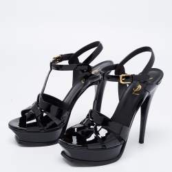 Pre Owned Saint Laurent Black Patent Leather Tribute Platform Sandals Size 38.5