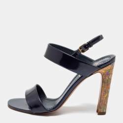 Pre Owned Saint Laurent Navy Blue Patent Leather Slingback Sandals Size 37