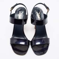 Pre Owned Saint Laurent Navy Blue Patent Leather Slingback Sandals Size 37