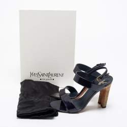 Pre Owned Saint Laurent Navy Blue Patent Leather Slingback Sandals Size 37