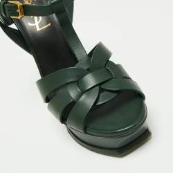 Saint Laurent Green Leather Tribute Platform Ankle Strap Sandals Size 36
