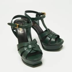 Saint Laurent Green Leather Tribute Platform Ankle Strap Sandals Size 36