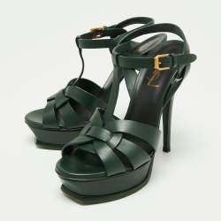Saint Laurent Green Leather Tribute Platform Ankle Strap Sandals Size 36