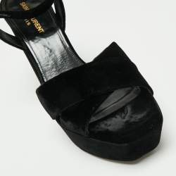 Pre Owned Saint Laurent Black Velvet Farrah Criss Cross Platform Sandals Size 39.5