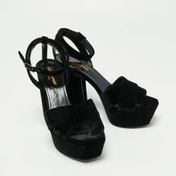 Pre Owned Saint Laurent Black Velvet Farrah Criss Cross Platform Sandals Size 39.5