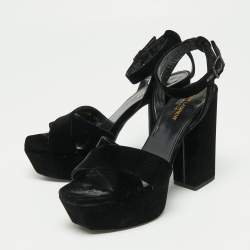 Pre Owned Saint Laurent Black Velvet Farrah Criss Cross Platform Sandals Size 39.5