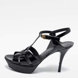 Pre Owned صندل سان لوران تربيوت جلد أسود لامع مقاس 39